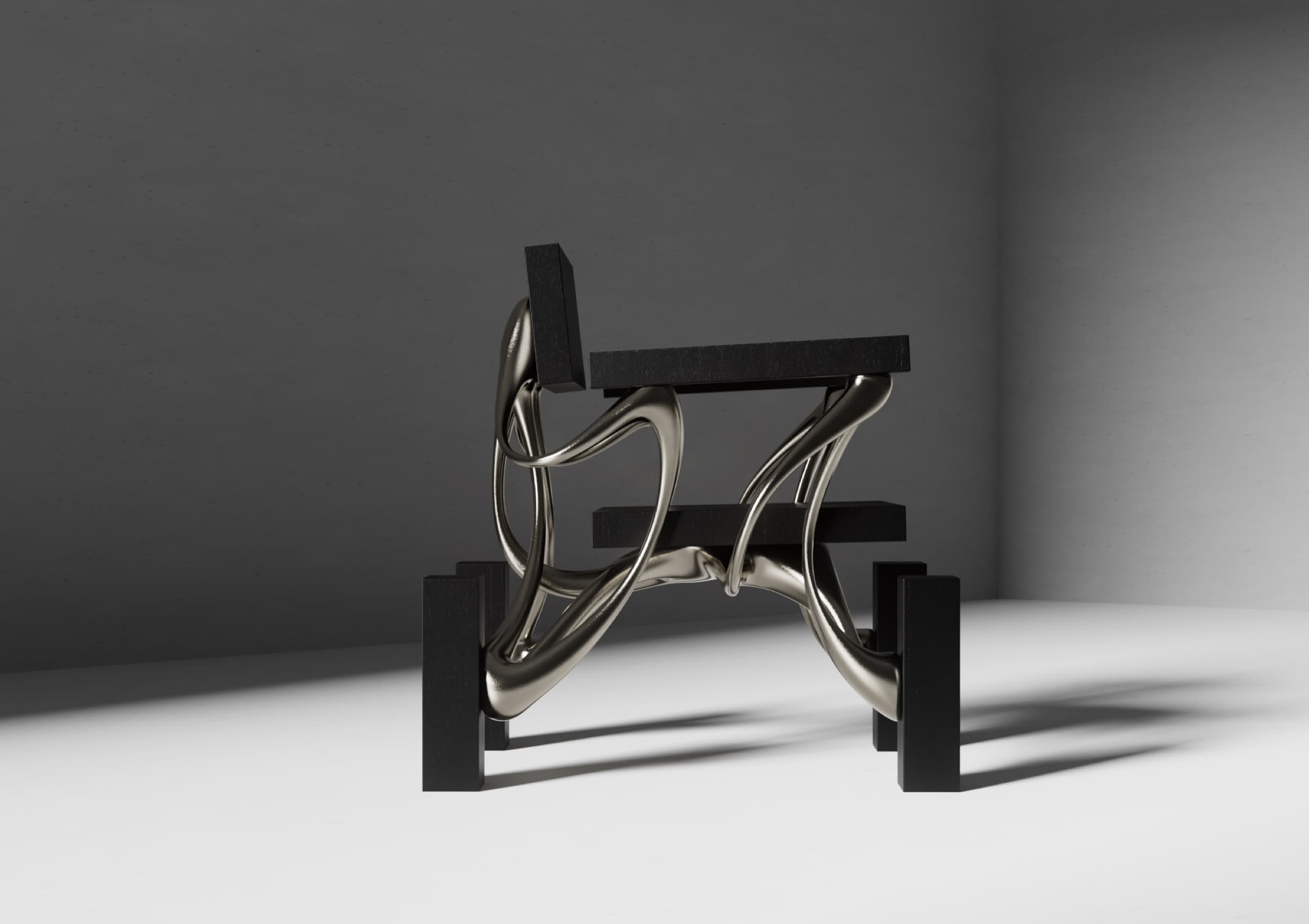 Cast nickel-silver alloy vein running between charred oak volumes