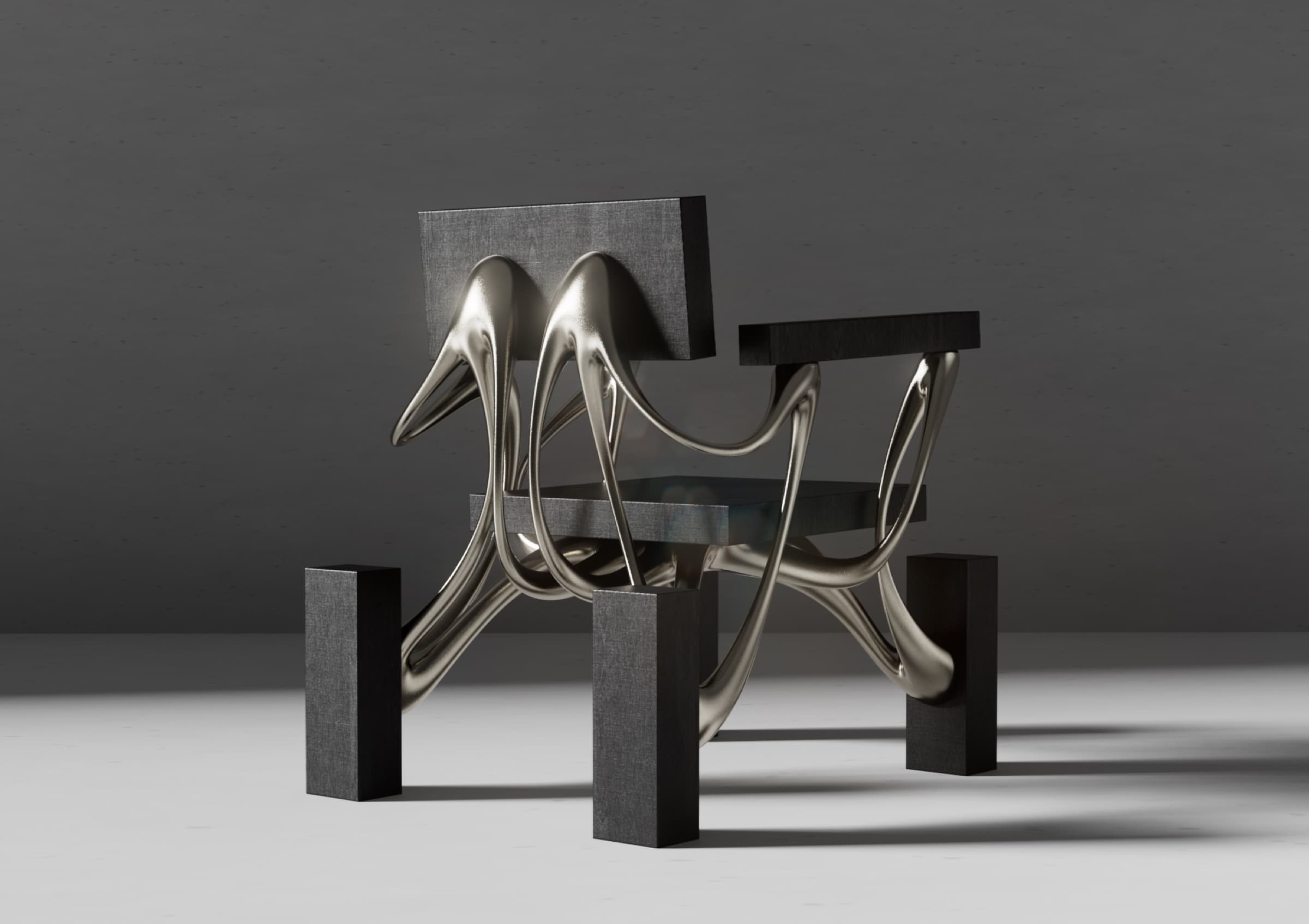 Chronos Chair: charred oak blocks connected by a continuous molten-looking alloy vein