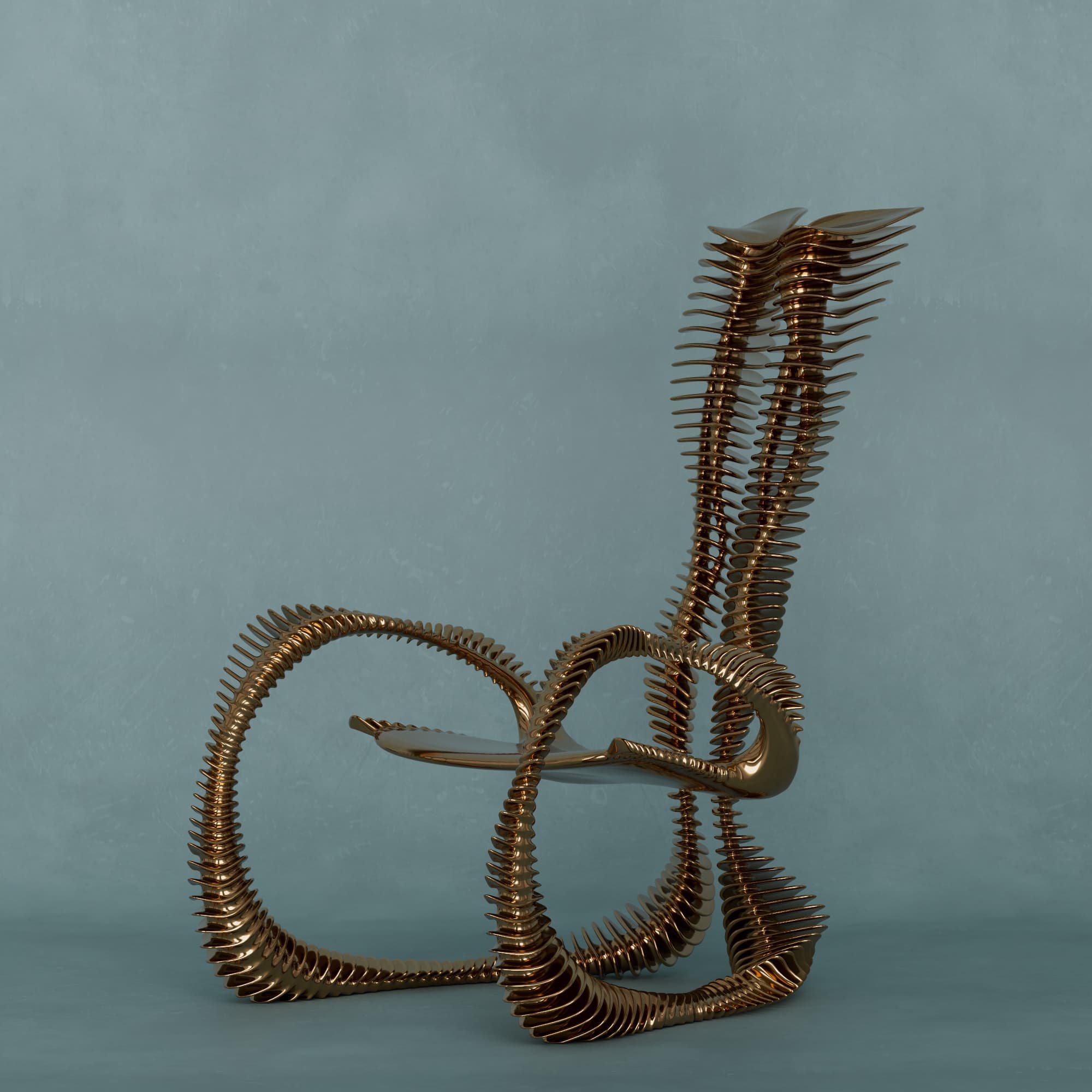 Xeno Arm Chair in polished brass: two vertebral ribbons looping into an armchair, three-quarter view