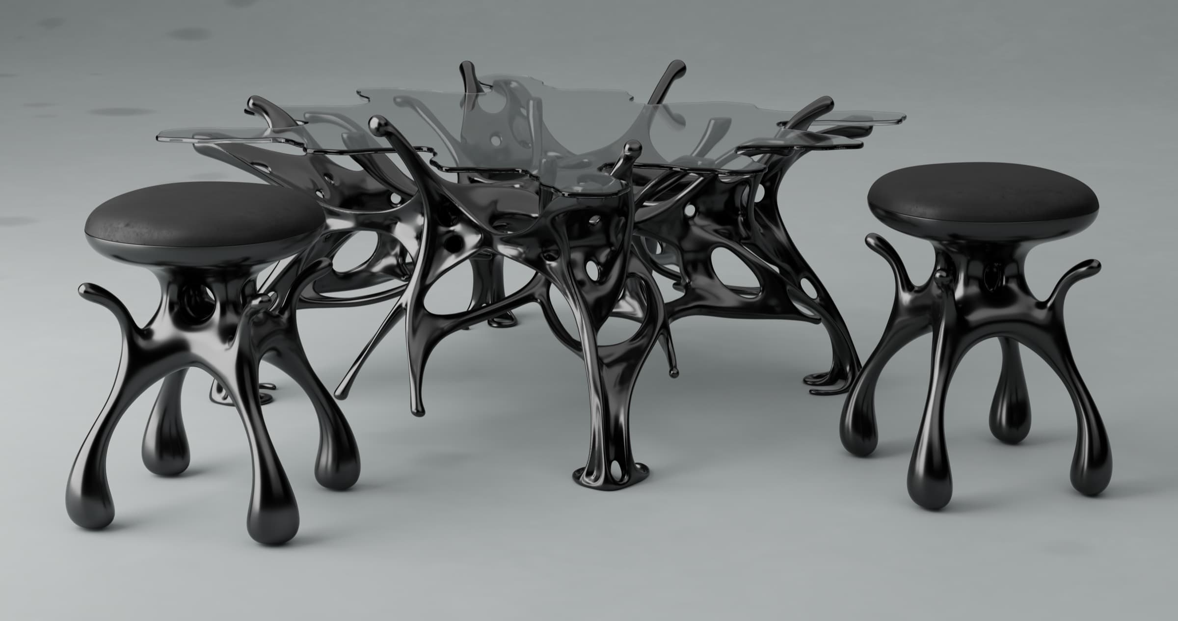 Xenochronos Table in gloss black with a shaped glass top, flanked by two matching stools